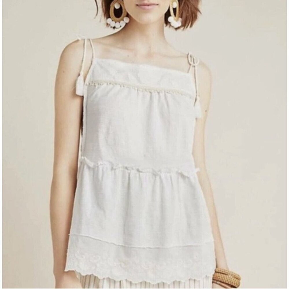 Anthropologie NWT White Embroidered Tank Top Tassel Tie Straps Tiered Boho XS - Picture 1 of 9